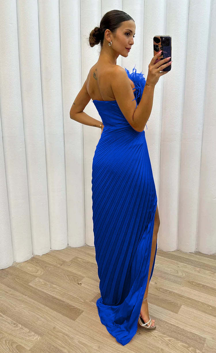 Strapless Feather Trim Pleated Elegant Gown Maxi Dresses