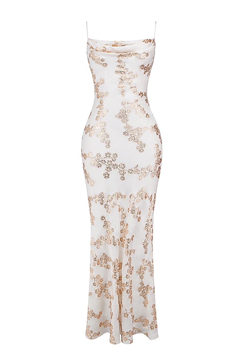 Shimmering Floral Pattern Lace Up Backless Fishtail Hem Slip Maxi Dresses-White