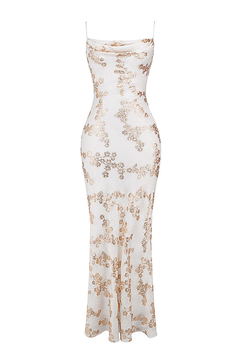 Shimmering Floral Pattern Lace Up Backless Fishtail Hem Slip Maxi Dresses-White