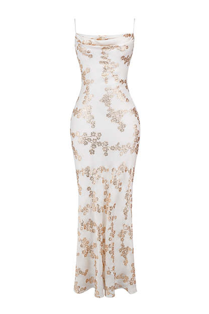 Shimmering Floral Pattern Lace Up Backless Fishtail Hem Slip Maxi Dresses-White