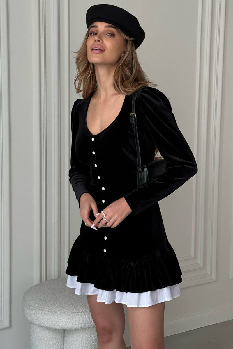 Long Sleeve U Neck Button Up Layered Trim A-Line Velvet Mini Dresses-Black