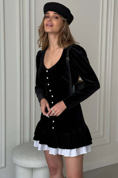 Long Sleeve U Neck Button Up Layered Trim A-Line Velvet Mini Dresses-Black