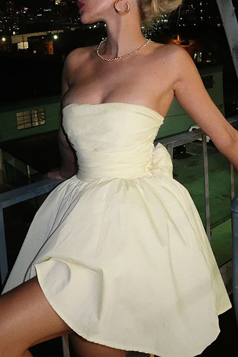 Boat Neck A-Line Pleated Hem Back Bow Mini Tube Dresses-Yellow