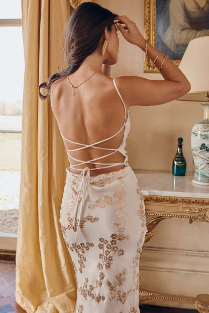 Shimmering Floral Pattern Lace Up Backless Fishtail Hem Slip Maxi Dresses-White