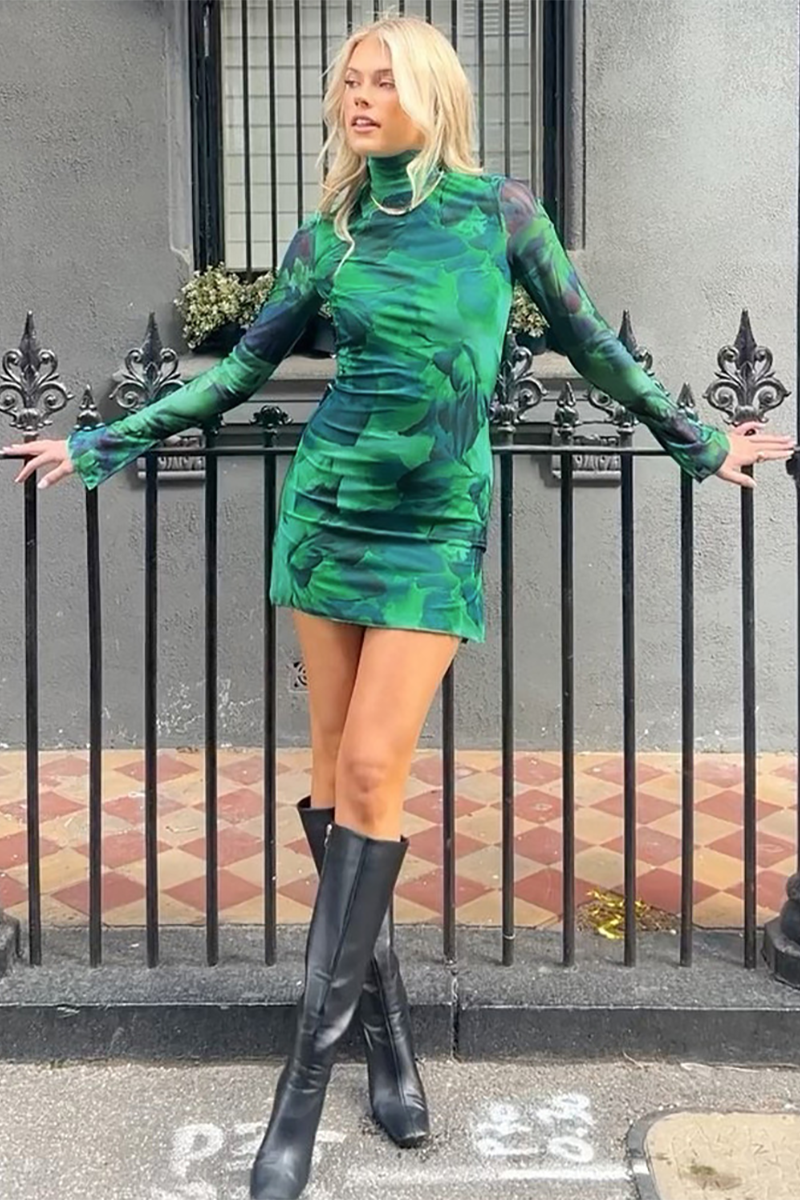 Floral Print High Neck Long Sleeve Mesh Mini Dresses-Green