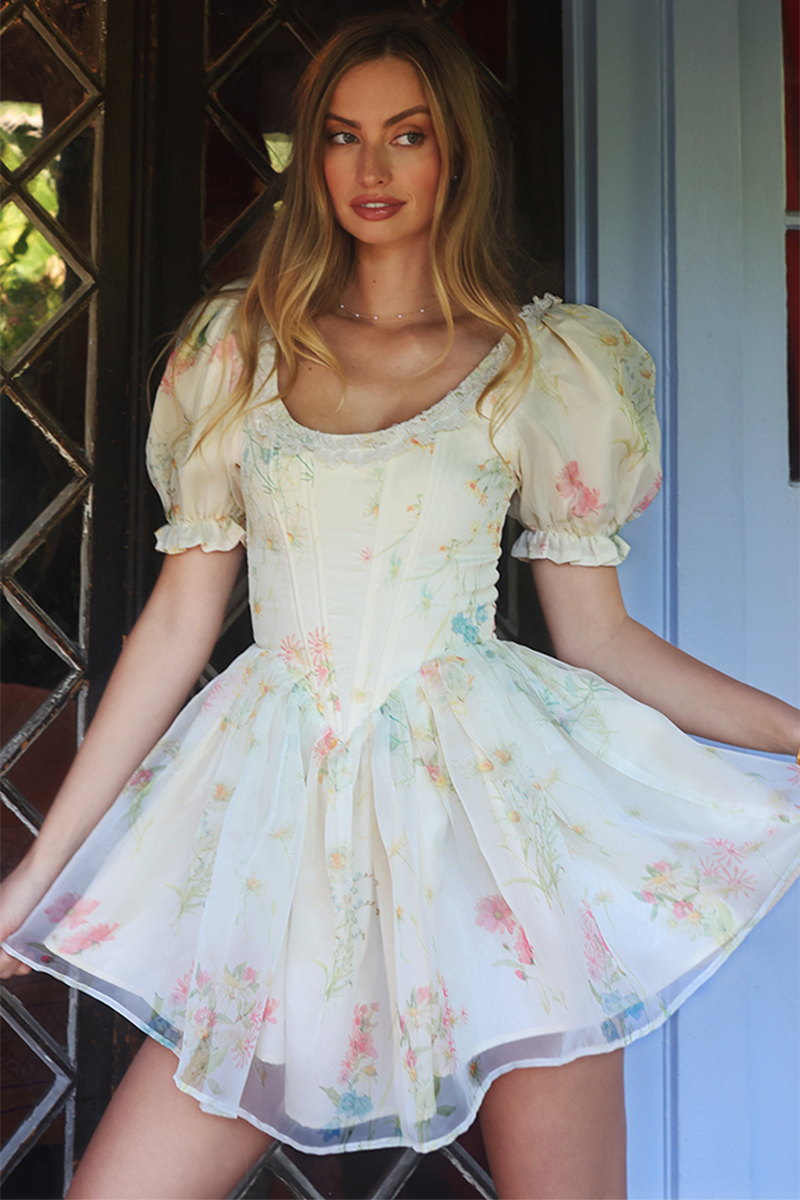 Puff Sleeve Corset Floral Mesh Layered Curved Mini Dresses-Beige