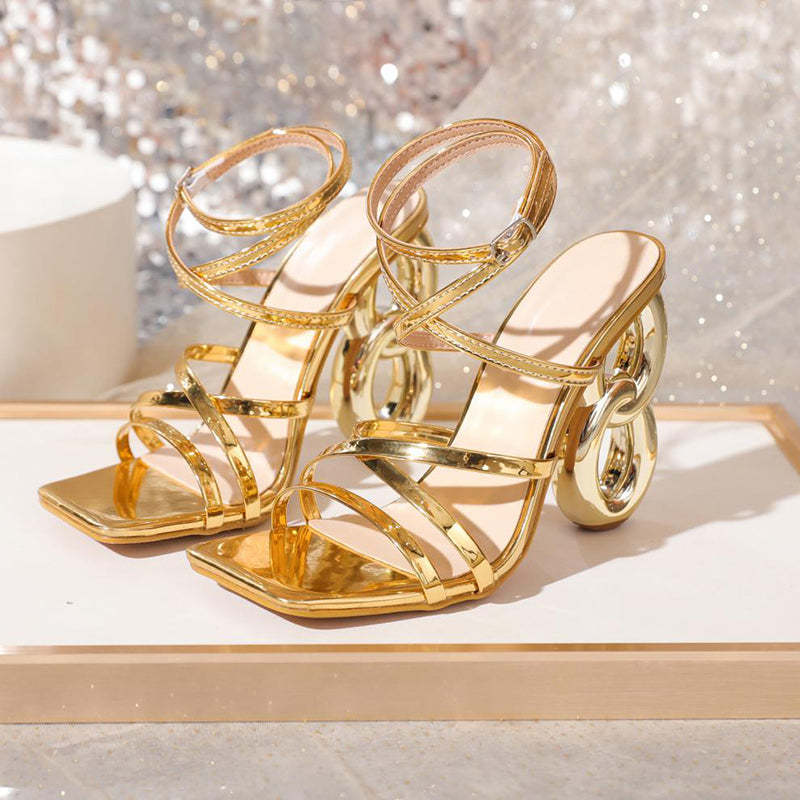 Cross Straps Buckle Metallic Sheen Square Toe Sandal Heels