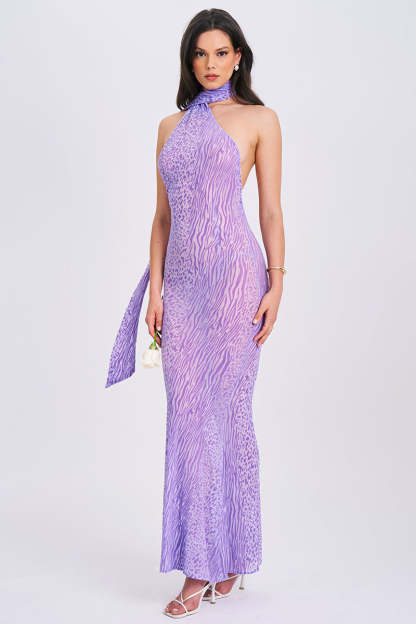 Leopard Print Sash Backless Mermaid Hem Maxi Dresses-Purple