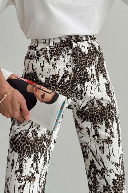Leopard Print Pocket High Waist Straight-Leg Pants-White