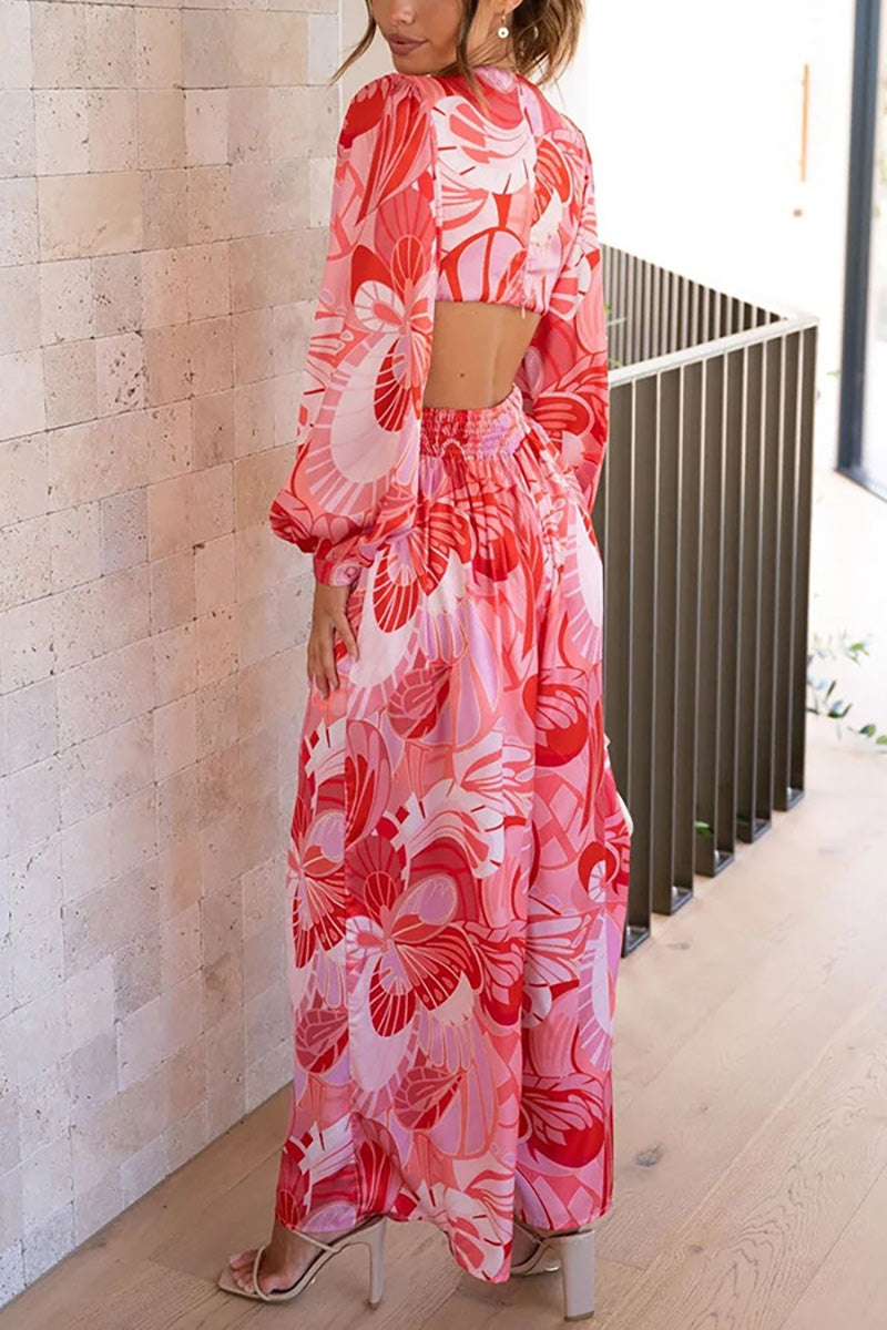 Floral Print Deep V Neck Cutout Flare Long Sleeve Ring Decor Wide Leg Vacation Jumpsuit