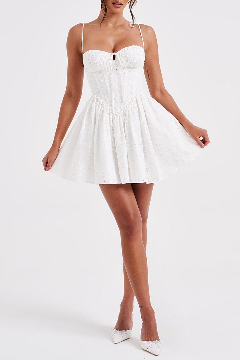 Spaghetti Strap Tie Up Corset A-Line Jacquard Mini Dresses-White Pre Order