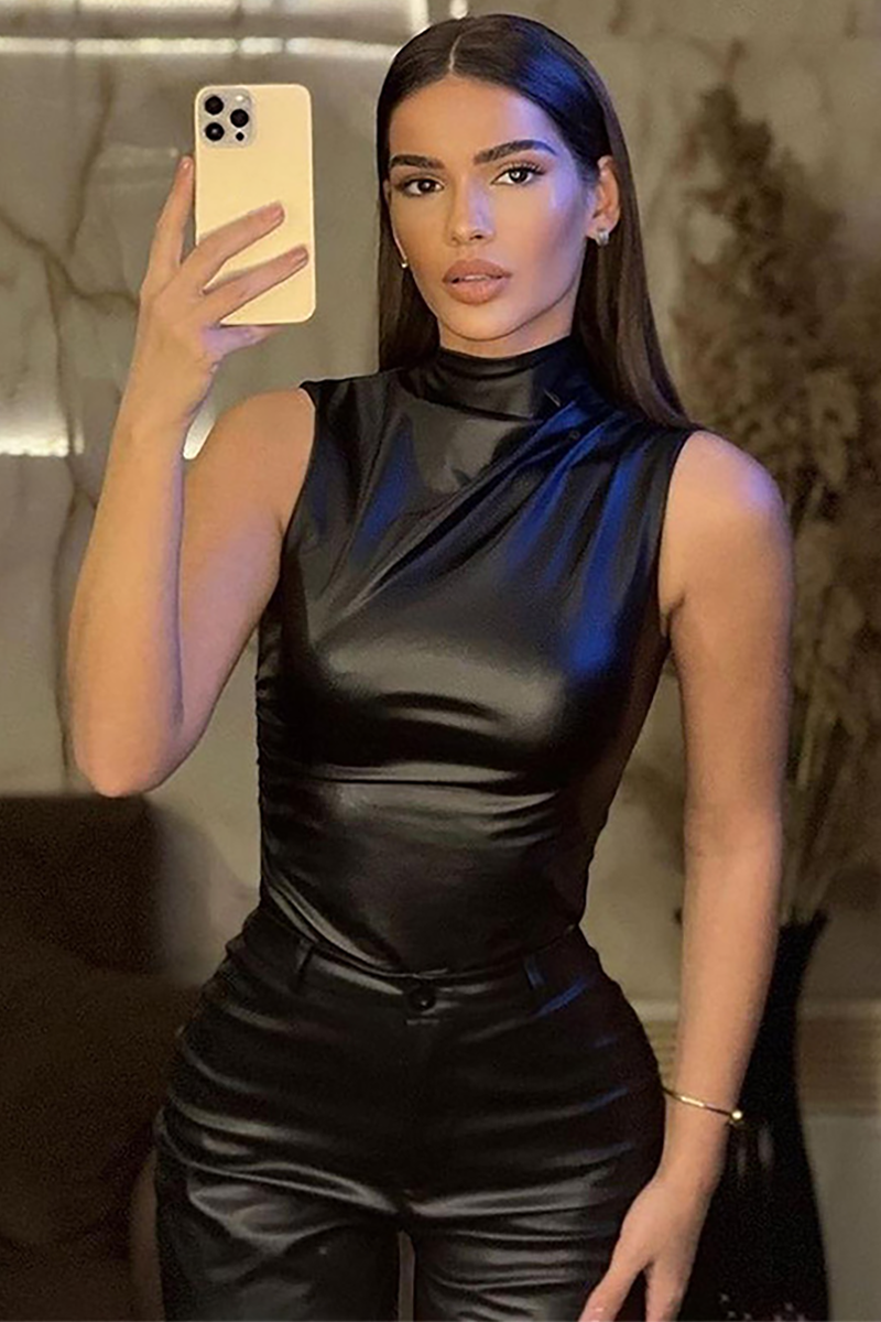 PU Leather Stand Collar Ruched Solid Color Asymmetric Tank Top-Burgundy