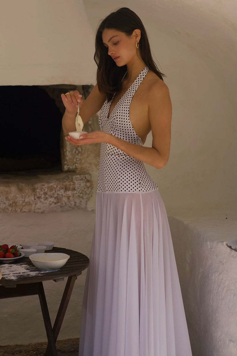 Halter V Neck Polka Dot Patchwork Party Maxi Dresses-Purple