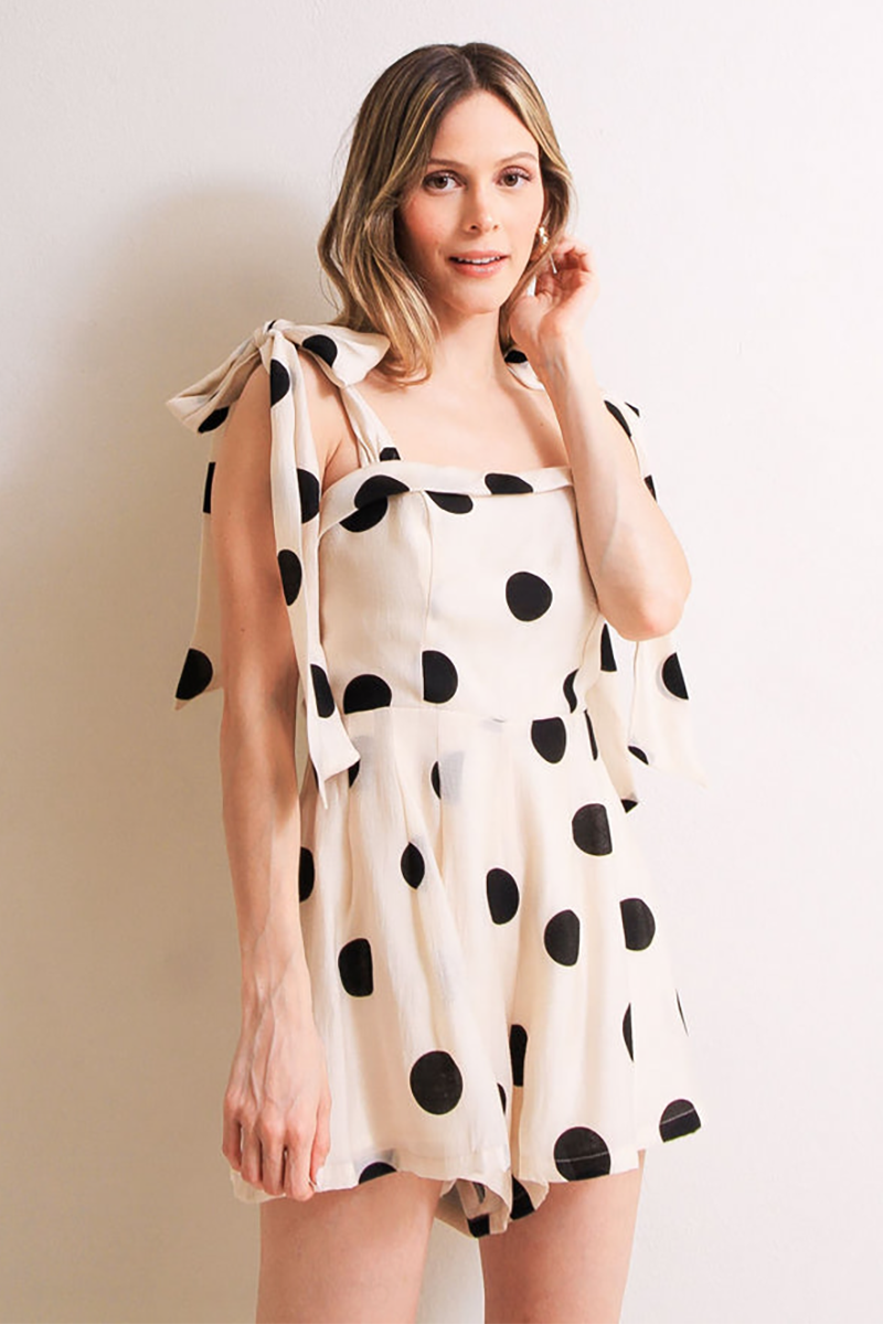 Polka Dot Print Tie Up Straps Cinch Waist Playsuit Romper-Beige