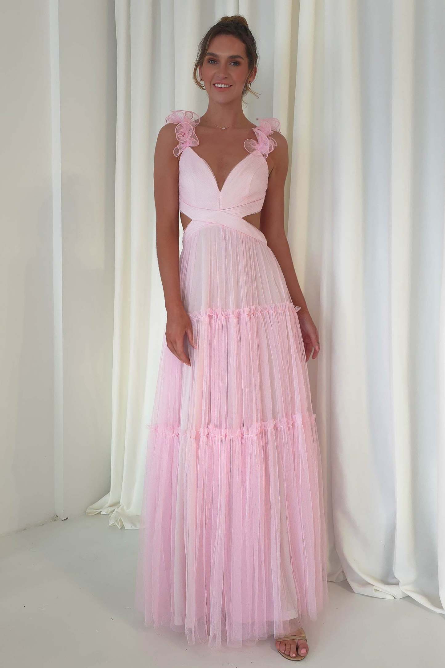 Petal Straps Deep V Neck Backless Tulle Gowns Maxi Dresses-Orange Pre Order