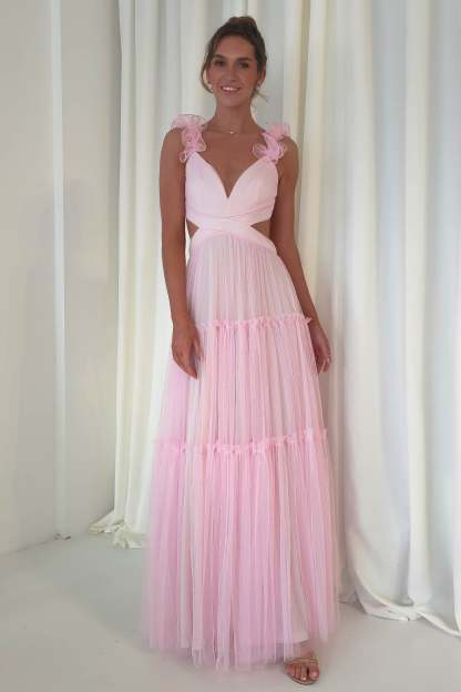 Petal Straps Deep V Neck Backless Tulle Gowns Maxi Dresses-Orange Pre Order