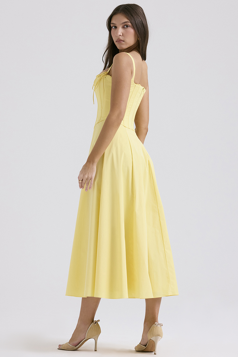 Spaghetti Strap Corset A-Line Slit Hem Midi Dresses-Yellow