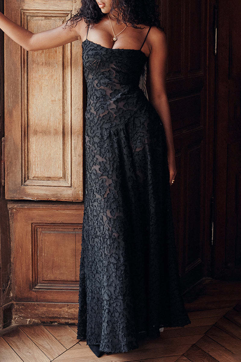 Floral Jacquard Lace Gothic Party Flowy Slip Maxi Dresses-Black