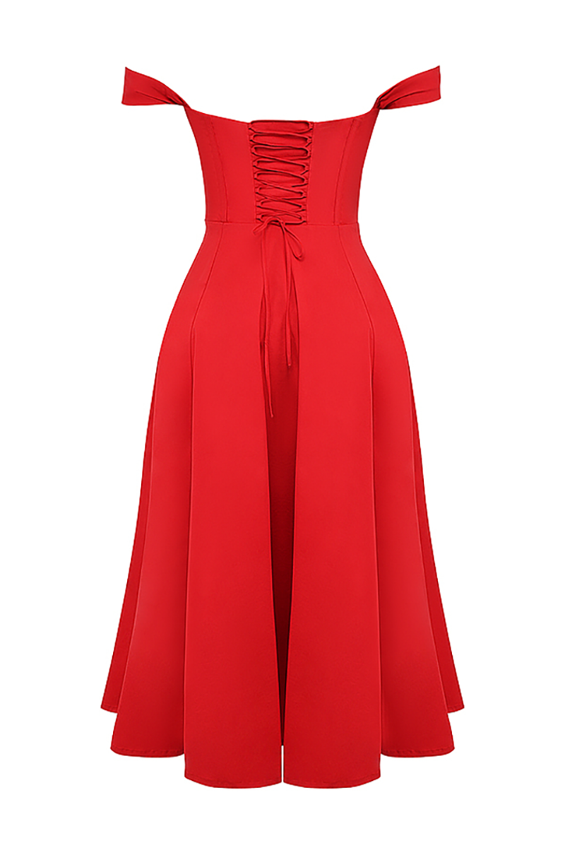 Dropped Shoulder Corset A-Line Slit Solid Color Midi Dresses-Red