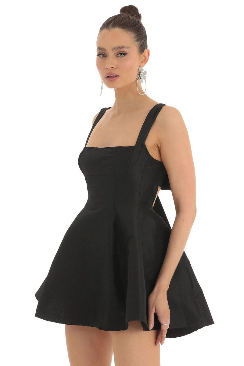 Square Neck Straps White Bow Knotted Cutout Backless A-line Satin Mini Dresses