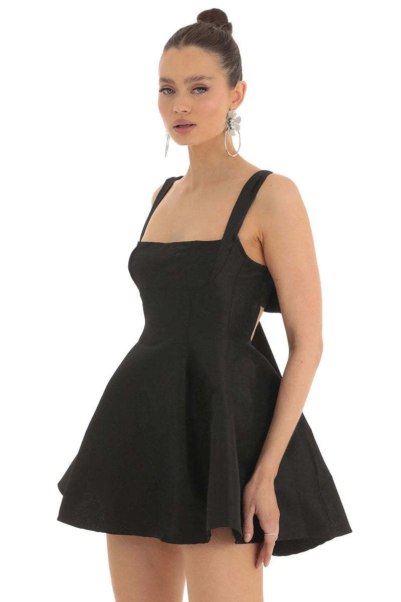 Square Neck Straps White Bow Knotted Cutout Backless A-line Satin Mini Dresses