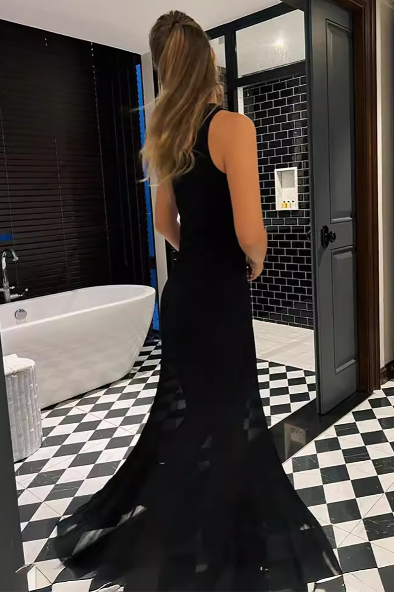 Knit V Neck Slim Fit Pleated Fishtail Hem Maxi Tank Dresses-White