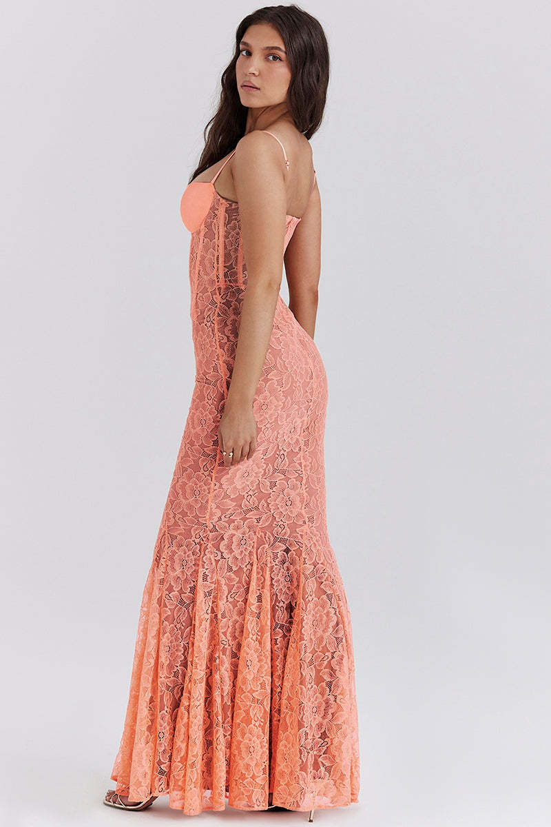 Floral Guipure Lace Corset Party Fishtail Maxi Slip Dresses-Coral