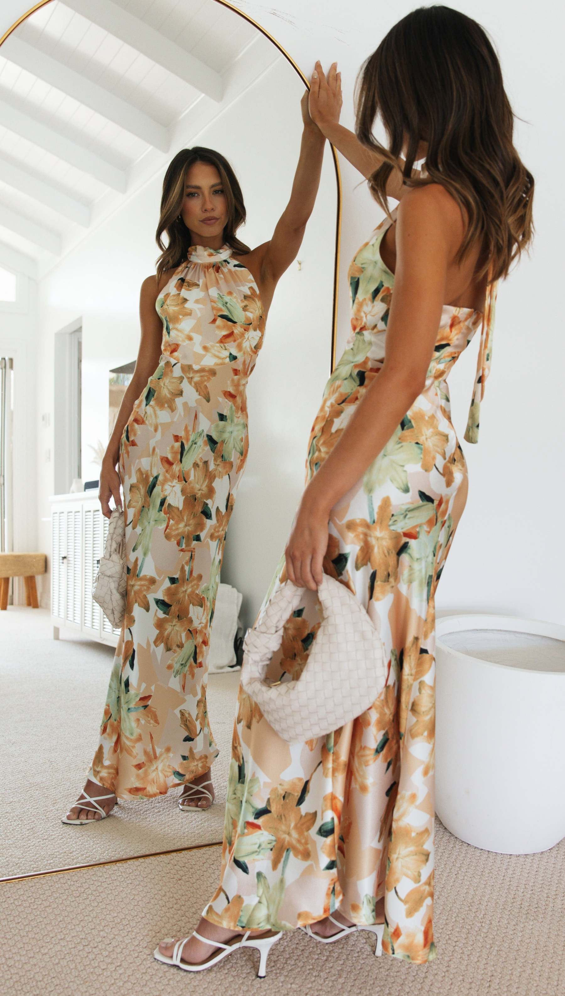 Floral Print Halter Backless Flowy Vacation Maxi Dresses