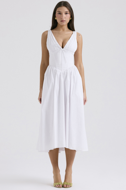 Deep V Neck Cinch Waist Solid Color Midi Tank Dresses-White
