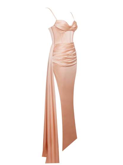 High Slit Irregular Neckline Satin Gown Slip Maxi Dresses