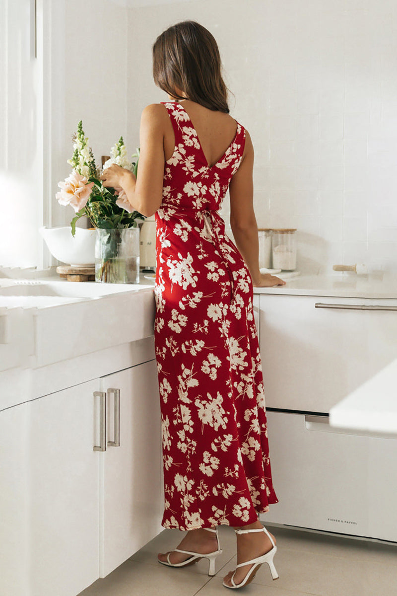 V Neck Sleeveless Floral Print Waist Tie Up Maxi Dresses
