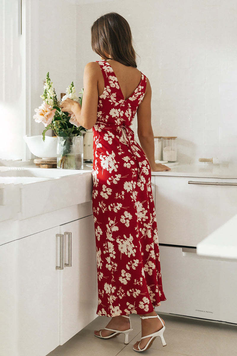 V Neck Sleeveless Floral Print Waist Tie Up Maxi Dresses