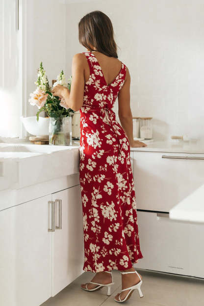 V Neck Sleeveless Floral Print Waist Tie Up Maxi Dresses