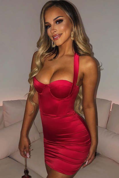 Satin Corset Halter Backless Bodycon Ruched Cocktail Party Mini Dresses