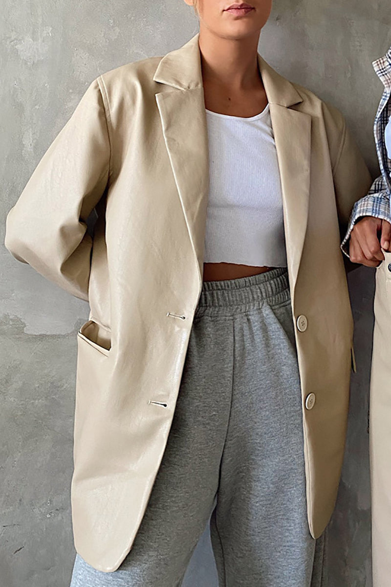 Faux Leather Casual Long Sleeve Blazer Coat