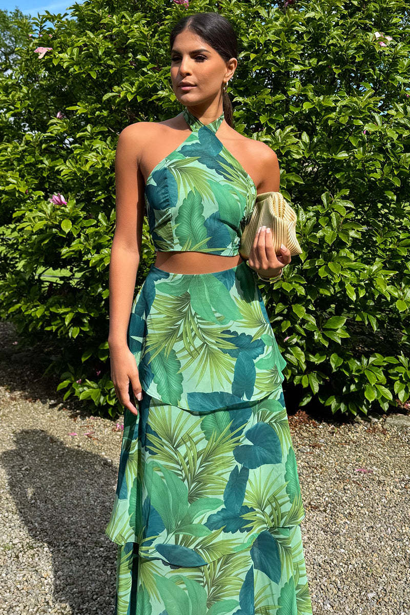 Leaf Print Halter Crop Top Layered Maxi Skirt 2pcs Set-Green