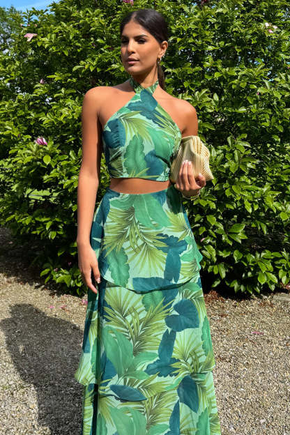 Leaf Print Halter Crop Top Layered Maxi Skirt 2pcs Set-Green