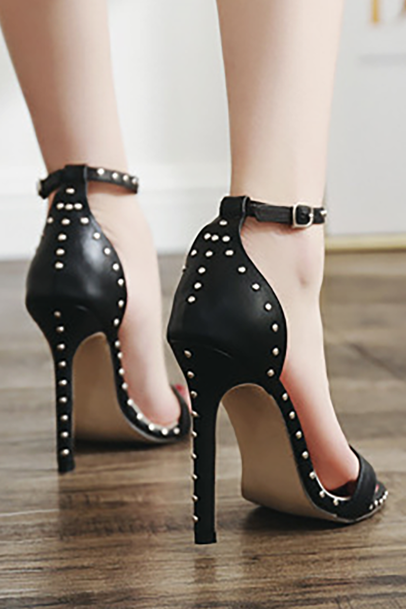 Studded Peep-Toe Buckle Ankle Strap Stiletto Heels-Black