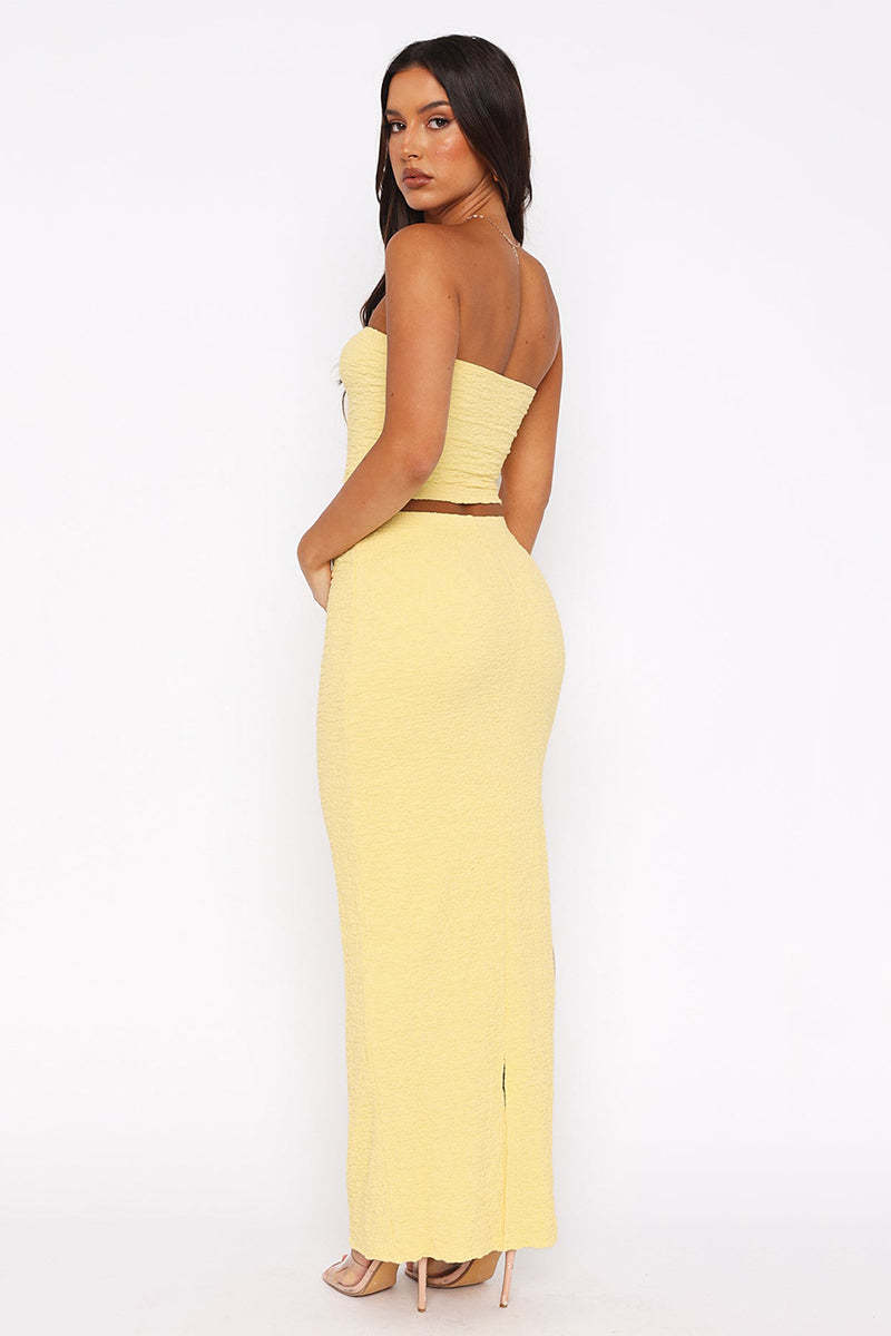 Textured Crop Tube Top Split Bodycon Maxi Skirt Matching Set-White