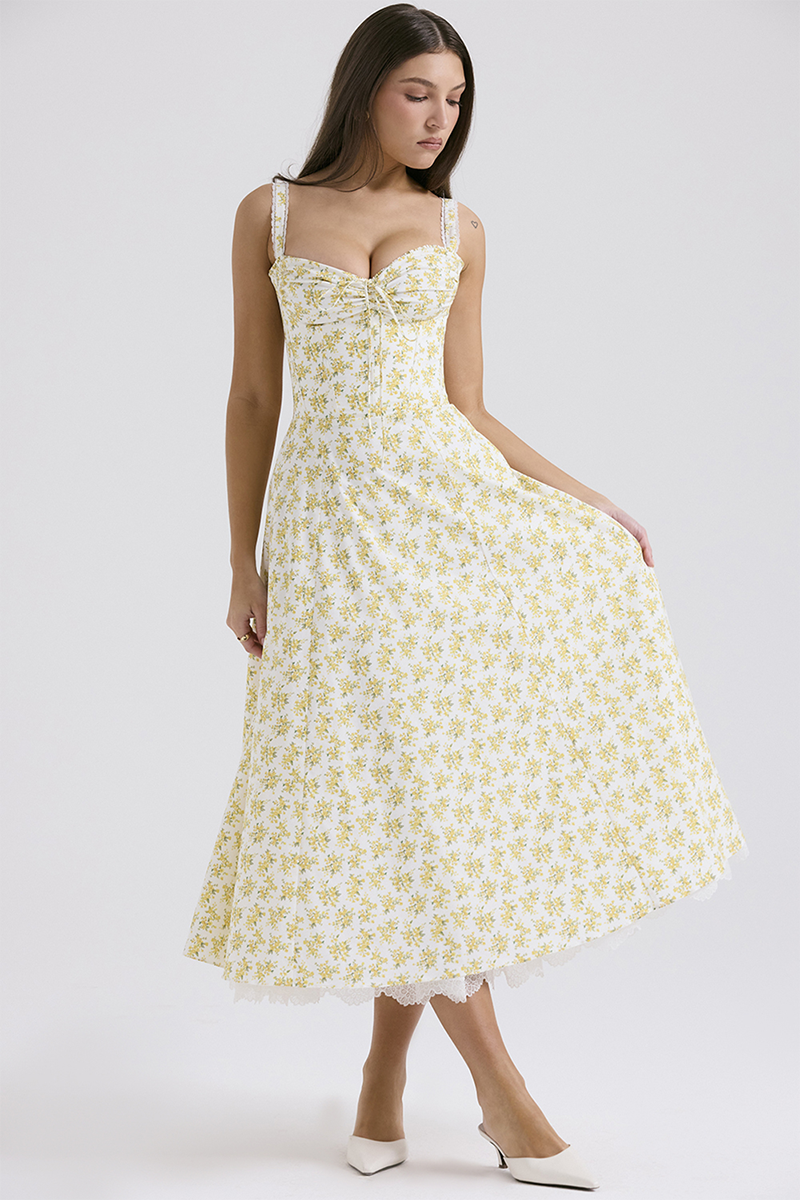 Ditsy Floral Print Cinch Waist Wide Strap Lace Trim Double-Layered Midi Dresses-Yellow