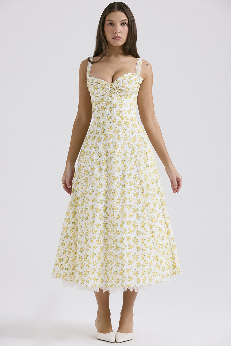 Ditsy Floral Print Cinch Waist Wide Strap Lace Trim Double-Layered Midi Dresses-Yellow