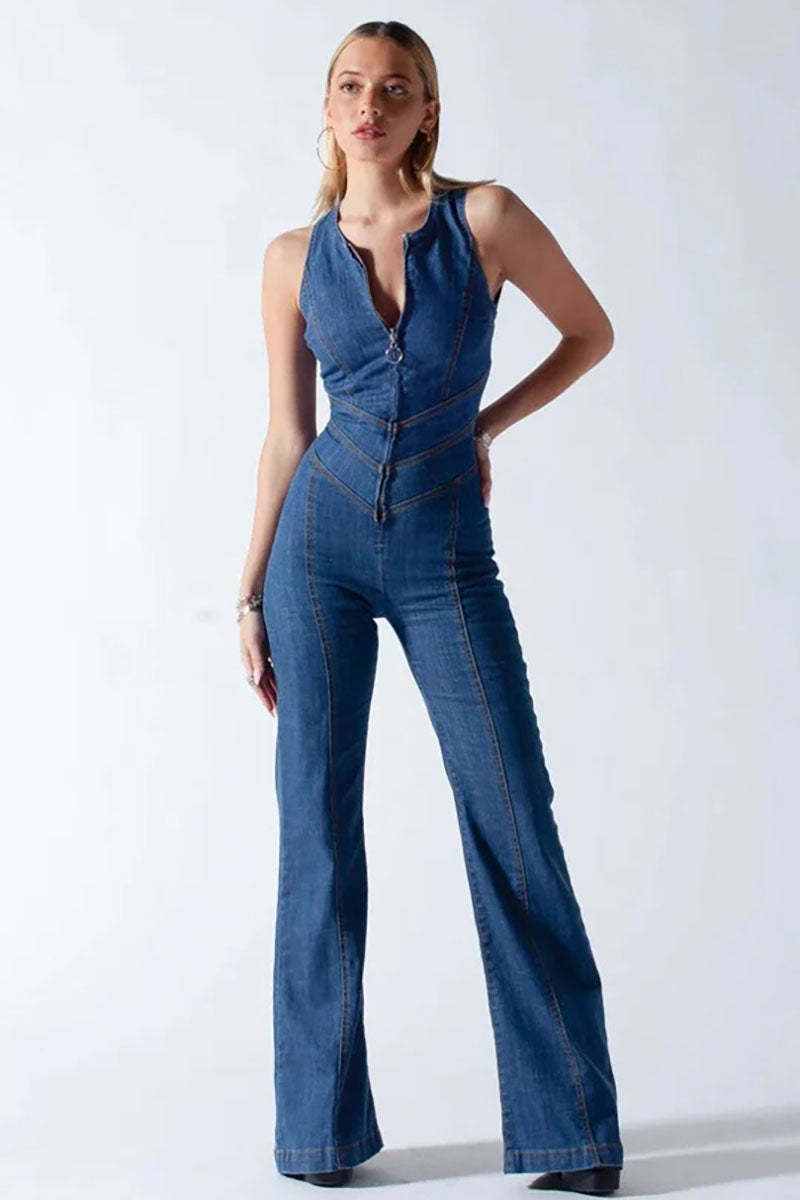 Irregular Neck Sleeveless Slim Heart Shape Cutout Zipper Denim Jumpsuits