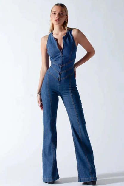 Irregular Neck Sleeveless Slim Heart Shape Cutout Zipper Denim Jumpsuits