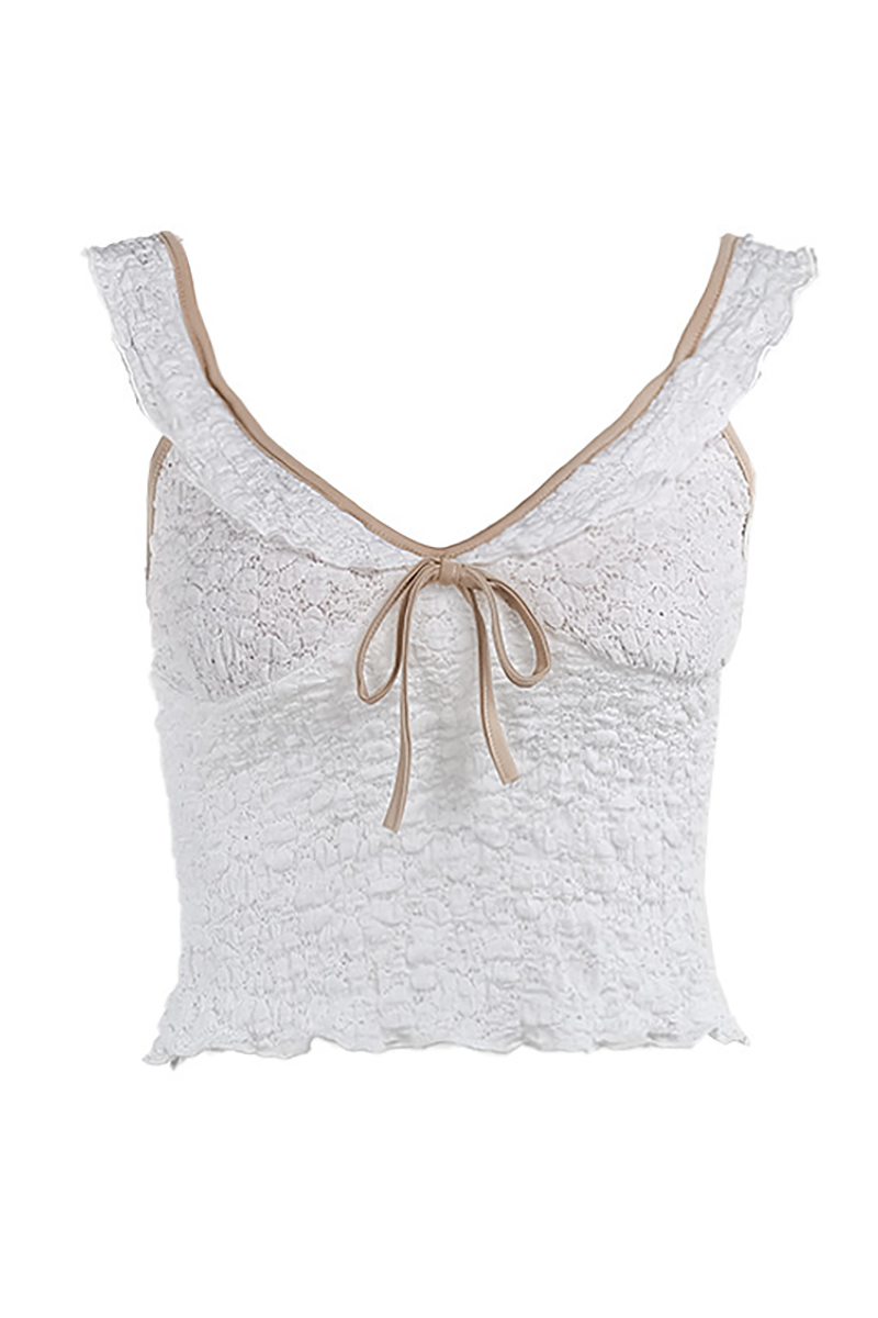 V Neck Contrast Binding Tie Up Textured Lace Sleeveless Crop Top-White