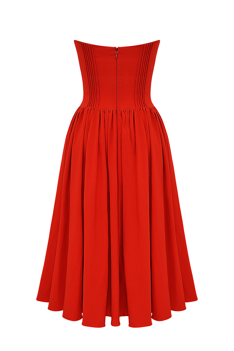 Strapless Corset Pleated Hem Prom Party Midi Dresses-Red