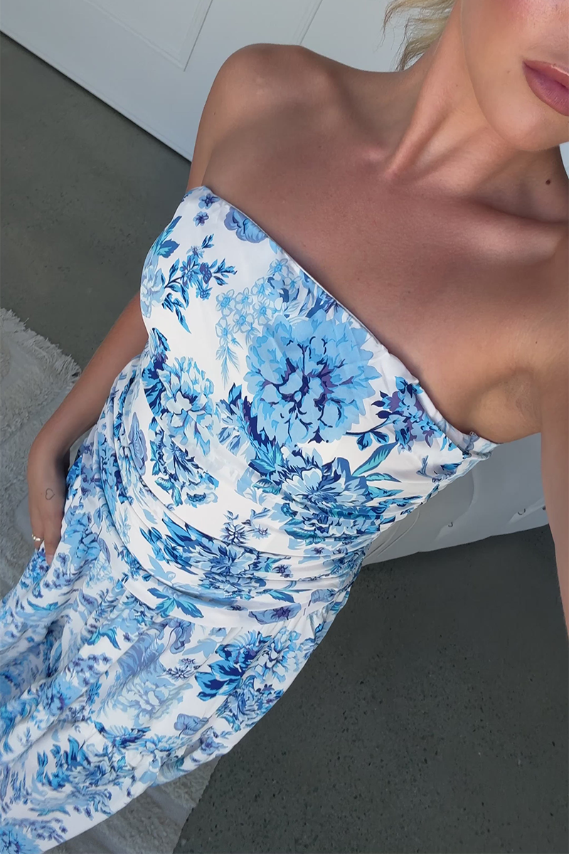 Floral Print Boat Neck Strapless A-Line Maxi Dresses-Blue