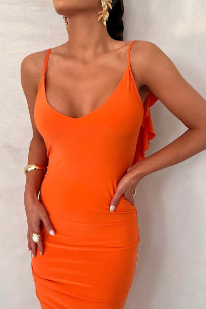 Ruffled Backless Plunge Slip Bodycon Party Maxi Dresses