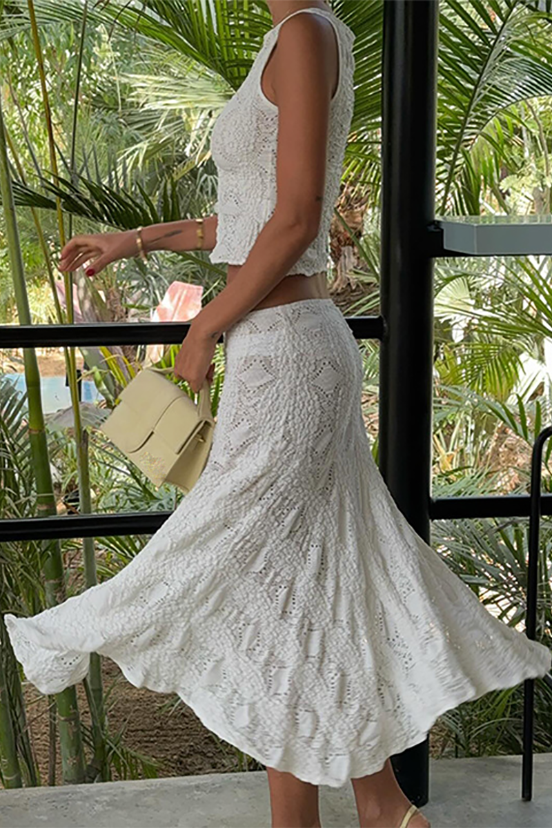 Textured Pattern Crop Tank Top Flowy Midi Skirt Matching Set-White