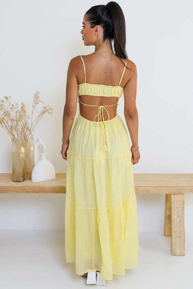 Tied Up Backless Ruched Tiered Pleated Slip Maxi Dress
