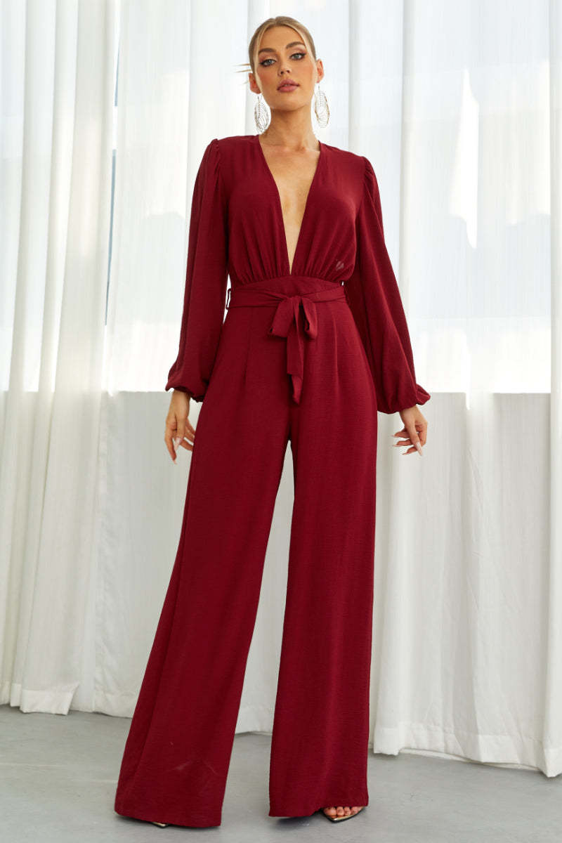 Deep V Neck Backless Wide Leg Jumpsuit